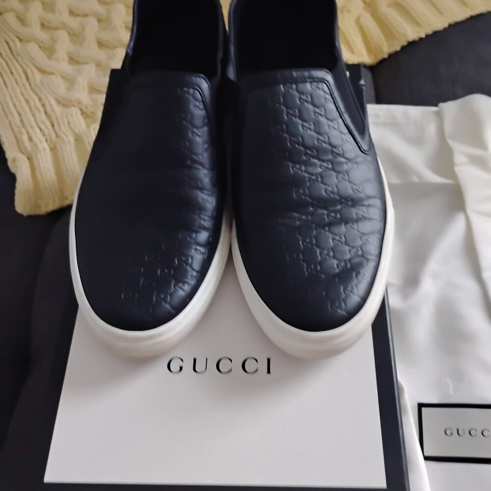 Black Gucci Leather Monogram Slip on Sneakers - size 8.5
